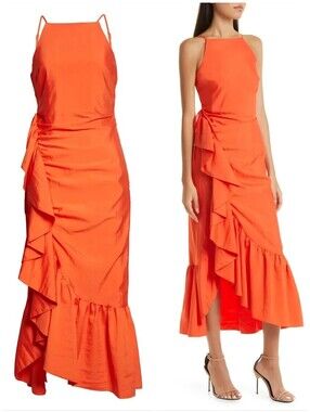 Cinq a Sept Ruffle Orange Asymmetric Neena Dress, 12